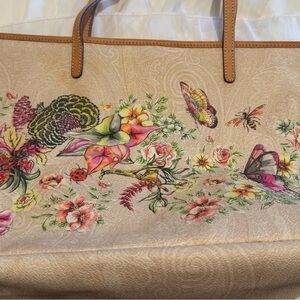 Etro Beige Floral & Butterfly Tote with Multicolor Print